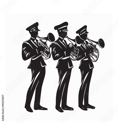 Marching Band Vector Silhouette. Marching Band Trumpet Stock Illustrations isolated on White Background.