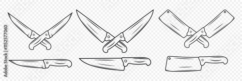 Kitchen Knives Silhouette. Single Color Kitchen Knives. Crossed Knives. Vector Cutout Illustration. Minimalist Knife Icon Set, Design Templates. Flat Style Culinary Tools