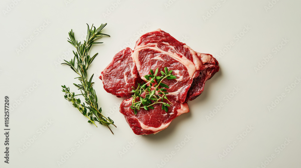 Obraz premium Succulent, fresh lamb cuts with a vibrant red tone, delicate herb garnish for accent, high-resolution details, bold and crisp textures against a pure white background, refined and clean aesthetic, ult