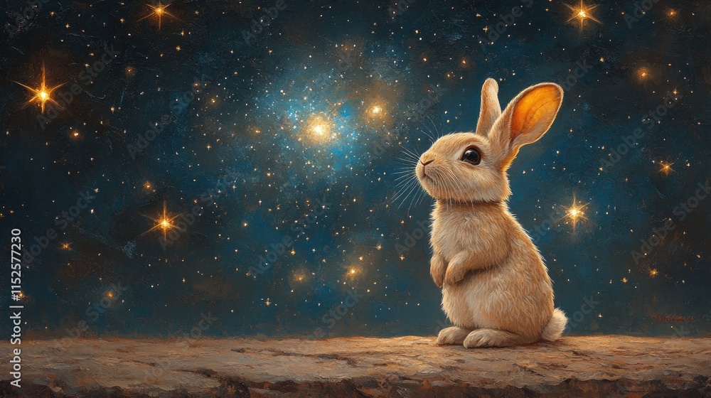 A Starry Rabbit Illustration of a cute rabbit sitting under a beautiful starry night ...