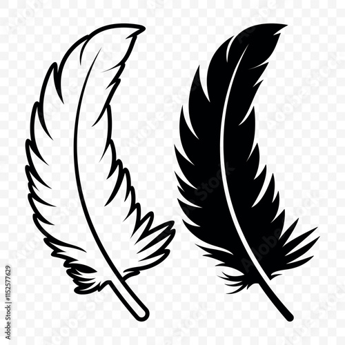 Vector Black and White Fluffy Feather Logo Icons. Silhouette Feather Set Closeup Isolated. Design Template of Flamingo, Angel, Bird Feather. Lightness and Freedom Concept