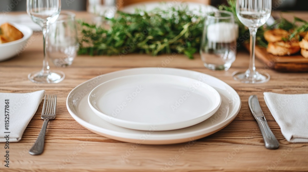 Elegant table setting with white plates, silverware, and glasses on a wooden table. Elegant table setting with white plates, silverware, and glasses on a wooden table.