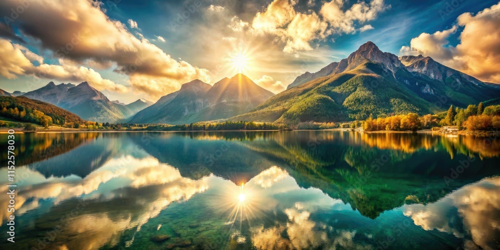 Obraz premium Stunning double exposure captures Lago di Gallo Matese's breathtaking Italian mountain lake views.