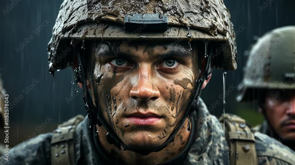 A close-up of a soldier in camouflage, covered in mud and raindrops. A close-up of a soldier in camouflage, covered in mud and raindrops.