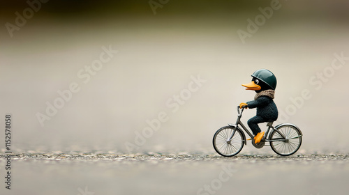 Duck with helmet and scarf rides a tiny bicycle along a smooth surface during the day photo