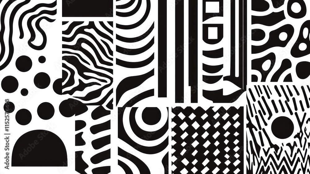 A collage of abstract black and white patterns showcasing various shapes and textures. A collage of abstract black and white patterns showcasing various shapes and textures.