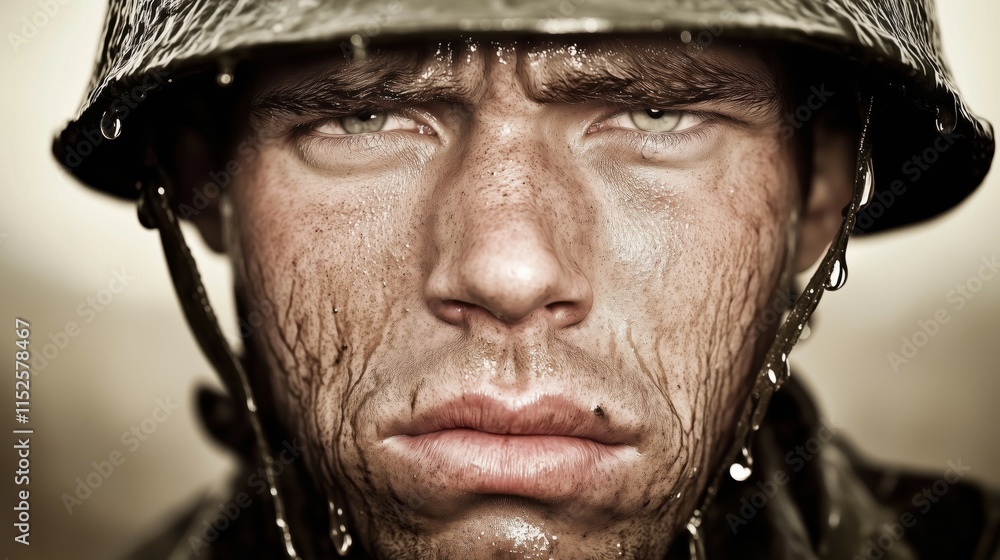 Close-up of a soldier in a helmet, with water dripping down his muddy face, depicting wartime resilience Close-up of a soldier in a helmet, with water dripping down his muddy face, depicting wartime resilience