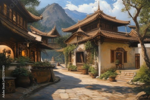painting of a chinese village with a mountain in the background