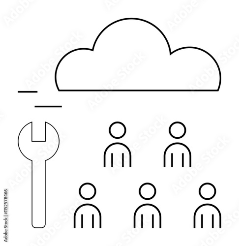 Cloud figures, wrench symbolizing cloud computing, teamwork, and maintenance. Ideal for tech support, IT services, data management, cloud collaboration, software engineering, system administration