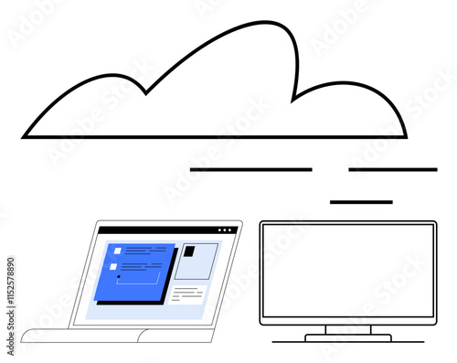 Cloud overhead, laptop displaying an application, desktop monitor awaiting data connection. Ideal for cloud storage, data synchronization, remote access, IT infrastructure, software development