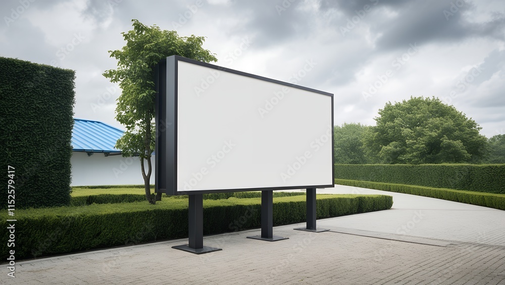 Fototapeta premium Big white blank advertisement billboard in a green park