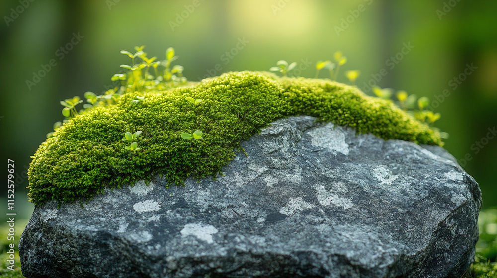 Moss-covered rocks surrounded by soft greenery in a natural setting, creating a peaceful and serene atmosphere that evokes a sense of tranquility and timeless beauty
