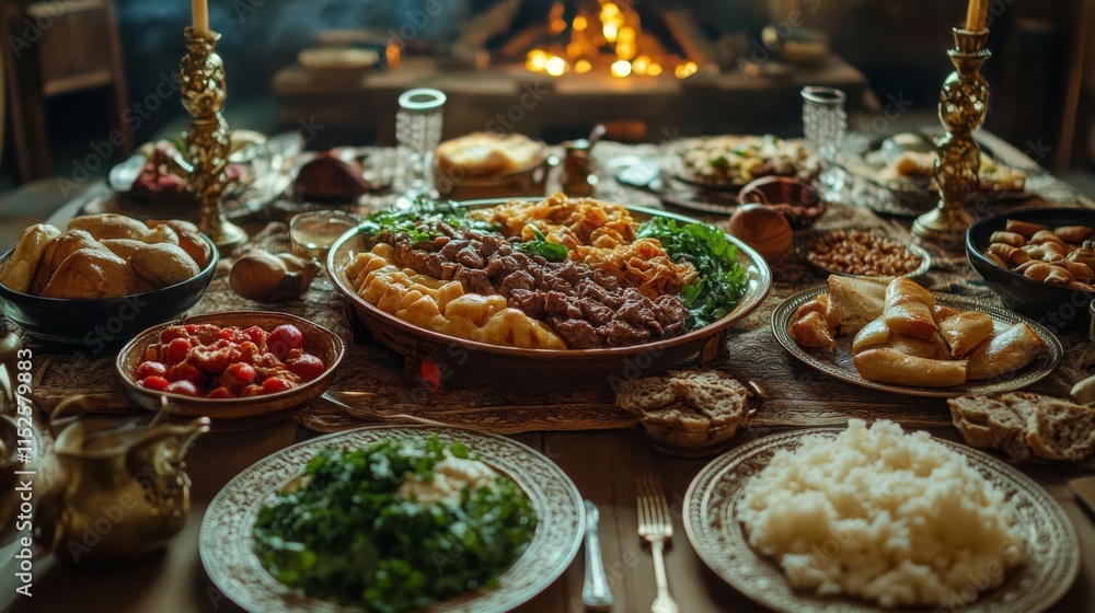 Fototapeta premium Lavish Medieval Feast Table Abundant Food