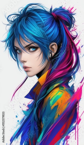 a woman with blue hair and colorful hair is looking at the camera