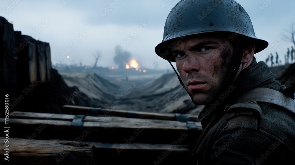 Young soldier in a trench with distant explosions Young soldier in a trench with distant explosions
