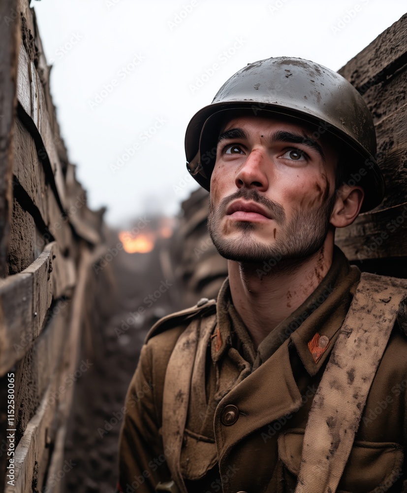 Obraz premium Thoughtful soldier in a trench during wartime