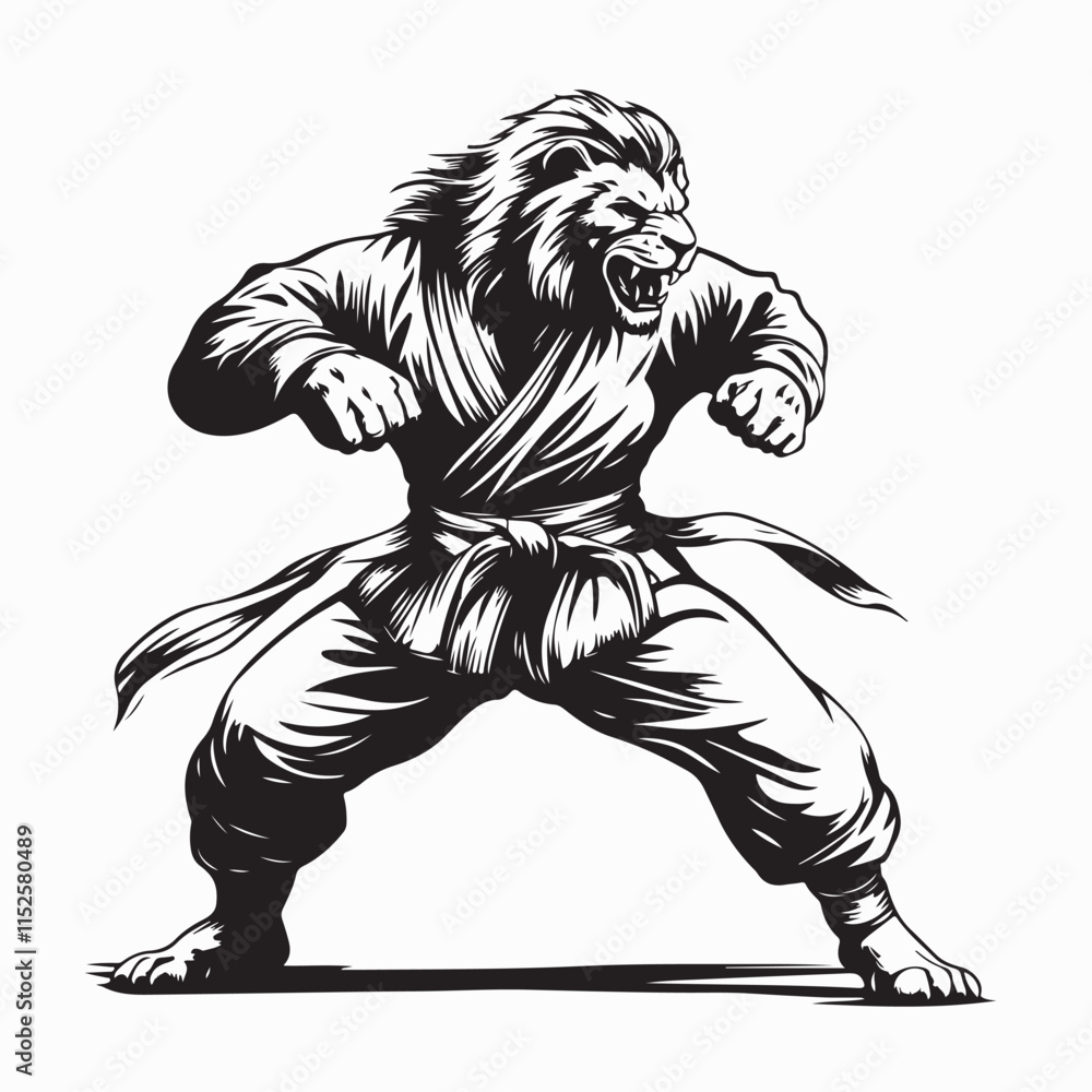 Fototapeta premium Lion Wearing Kimono Performing Judo Action Vector Illustration on white background.