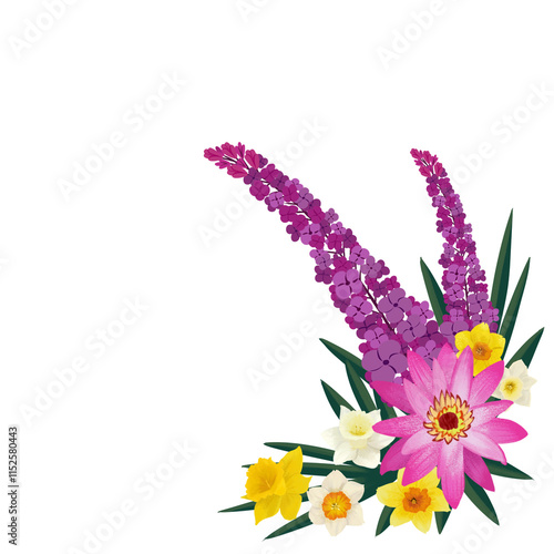 Adorno de flores, lilas, lilac y narcisos
