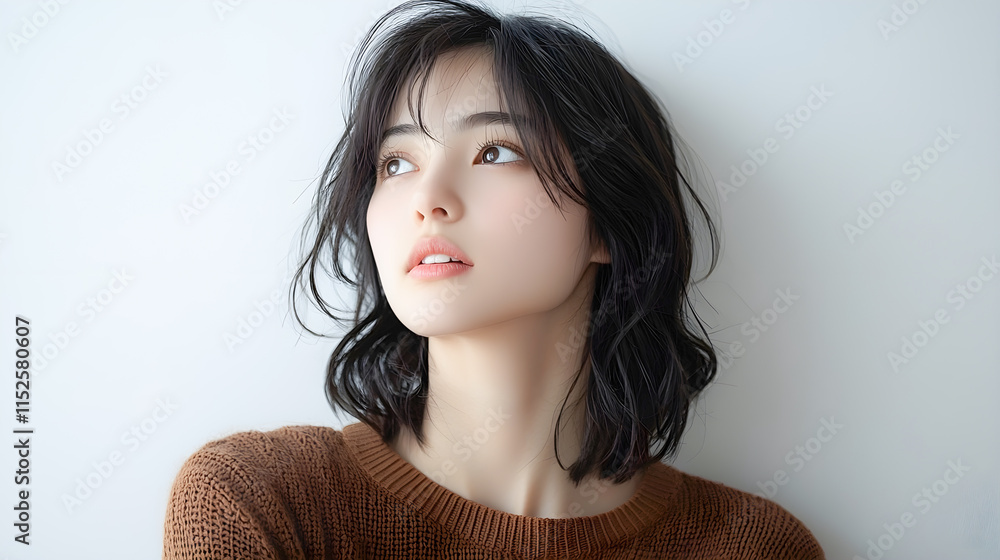 斜め上を見つめる綺麗なアジア人女性の顔のクローズアップ 斜め上を見つめる綺麗なアジア人女性の顔のクローズアップ