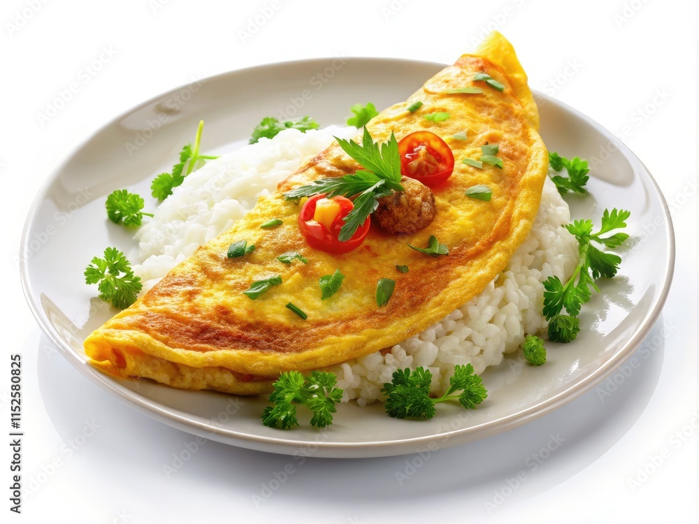 Sunrise-hued omelet, nestled on a bed of rice, a tempting breakfast mockup for food photography. Sunrise-hued omelet, nestled on a bed of rice, a tempting breakfast mockup for food photography.