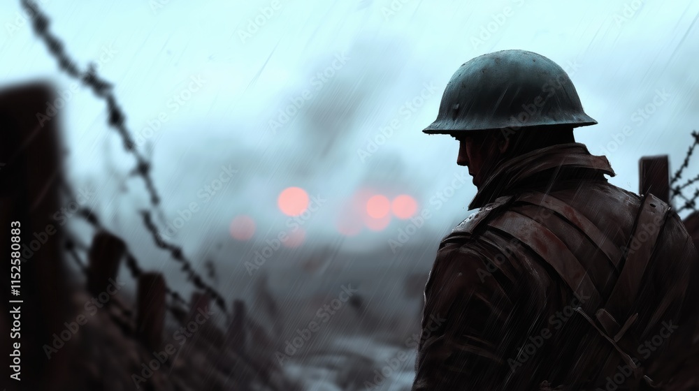 Silhouette of a soldier standing in the rain in a trench during World War I Silhouette of a soldier standing in the rain in a trench during World War I