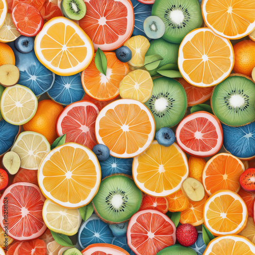 Vibrant assortment of colorful fruits including oranges, lemons, kiwis, and berries, creating cheerful and fresh pattern. Perfect for summer themes and healthy living photo