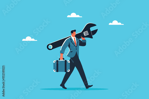 A Visionary Problem-Solver, The Smart Businessman Holding a Giant Wrench as a Metaphor for Fixing Challenges