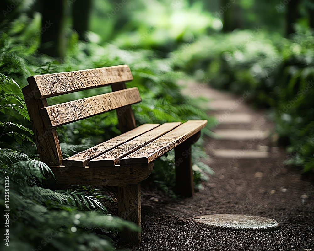 Fototapeta premium A tranquil park scene featuring a rustic wooden bench surrounded by lush greenery and a peaceful walkway.