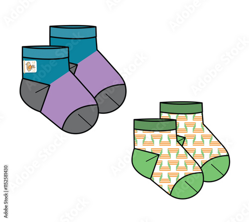 Baby kids ankle socks design technical flat sketch vector mockup template.