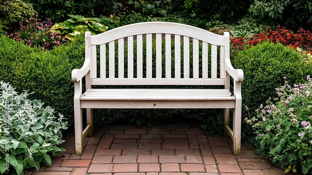 A charming garden bench surrounded by lush greenery and colorful flowers, perfect for relaxation and enjoying nature. A charming garden bench surrounded by lush greenery and colorful flowers, perfect for relaxation and enjoying nature.