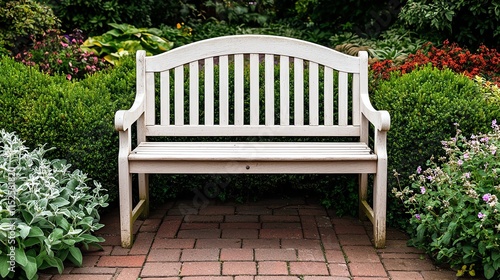 A charming garden bench surrounded by lush greenery and colorful flowers, perfect for relaxation and enjoying nature. photo