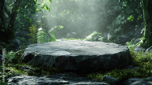 a large rock in the middle of a forest photo