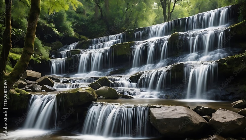 Obraz premium Serene Cascading Waterfall In Lush Green Forest