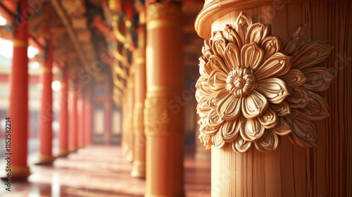 Intricate Wooden Flower Carving Adorns Temple Pillar