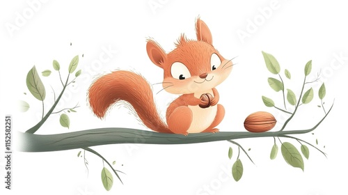 A cute cartoon squirrel sitting on a branch holding a nut, illustrated in a playful style for a children's book, in an Adobe vector format with a clean white background. photo