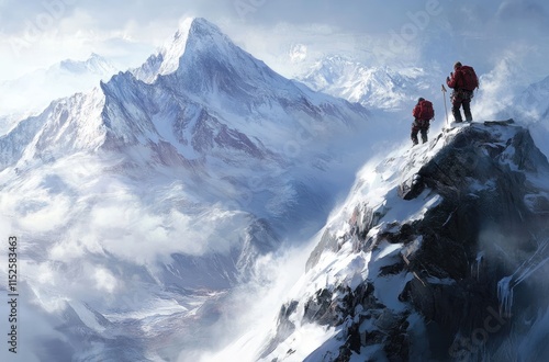 A mountain climber on the side of a snowy peak in the Alps, the view from the top looking down at them as they walk along a narrow path up to the summit photo