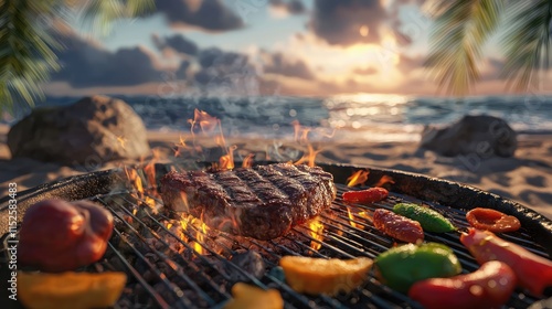 Sunset Beach BBQ: Sizzling Steak and Vibrant Veggies on a Tropical Grill