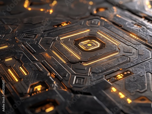 A close-up view of a futuristic, illuminated circuit board with intricate patterns. photo