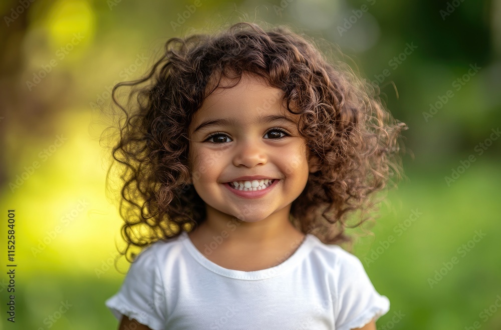 Portrait of a happy young Hispanic girl smiling in a park, with curly hair, against a green background, wearing a white shirt Portrait of a happy young Hispanic girl smiling in a park, with curly hair, against a green background, wearing a white shirt