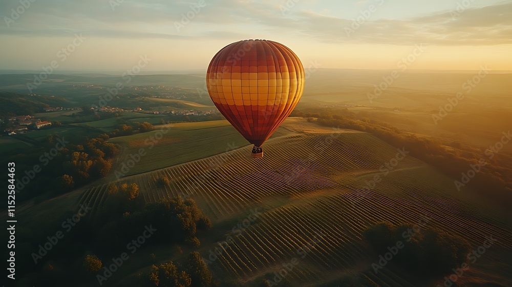 Obraz premium Hot Air Balloon Soaring Over Vineyard Landscape at Sunrise