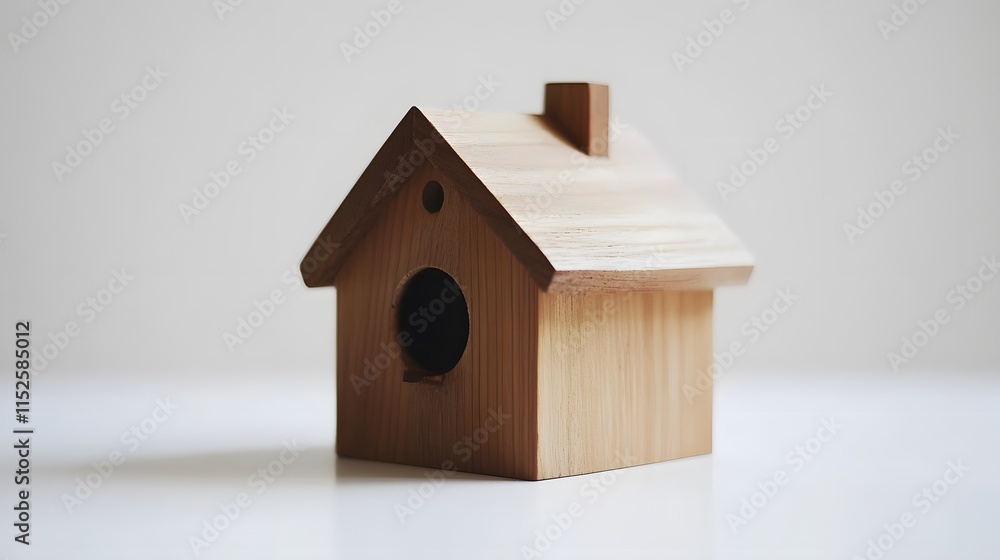 A small wooden birdhouse resting on a white surface A small wooden birdhouse resting on a white surface
