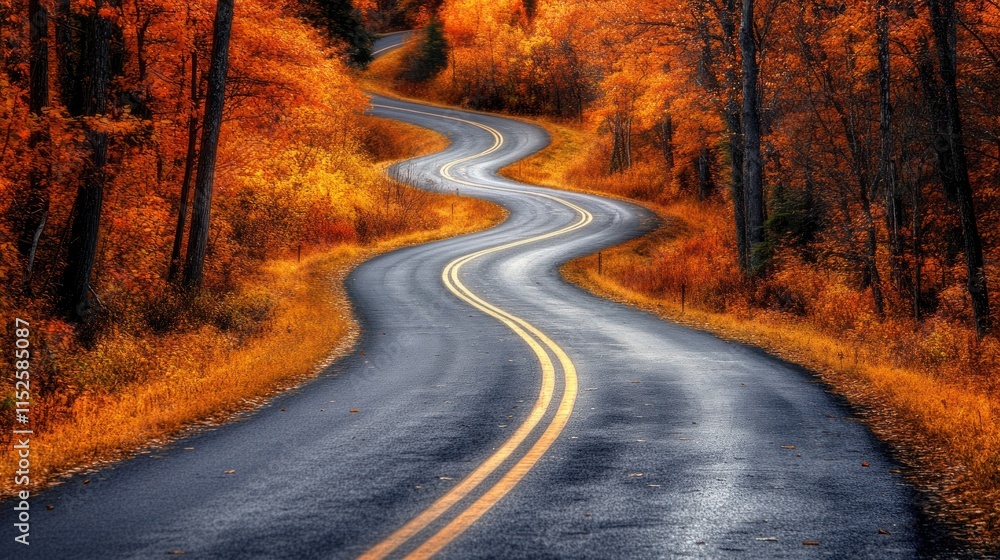 Fototapeta premium A country road winding through Appalachian mountains, golden fall colors 