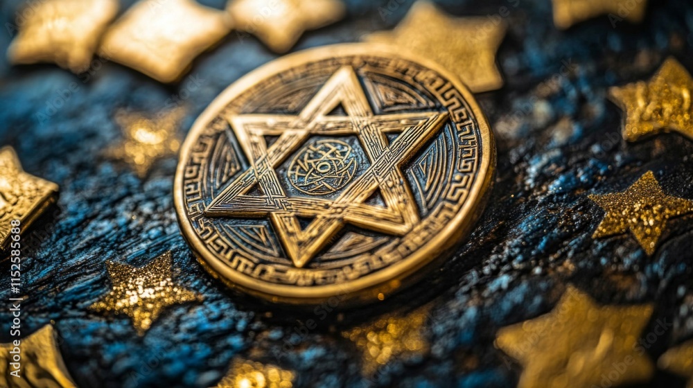 Ornate Gold Coin Featuring A Six Pointed Star Ornate Gold Coin Featuring A Six Pointed Star