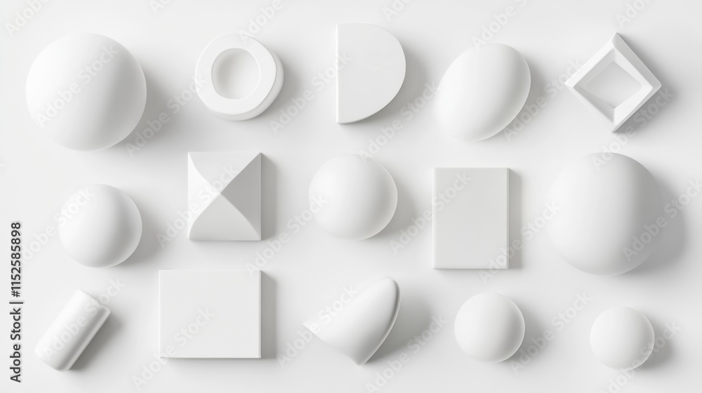 A collection of white geometric shapes arranged on a light surface for design purposes. A collection of white geometric shapes arranged on a light surface for design purposes.