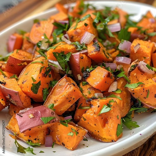 A hearty roasted sweet potato salad featuring caramelized sweet potatoes, mixed greens, and cranberries, drizzled with a maple vinaigrette for a delicious and nutritious meal option.