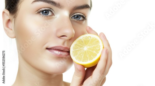 A beautiful young woman with pure and fresh skin touches her face in a half body photo