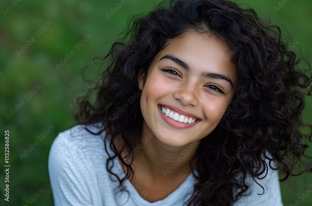 Portrait of a happy Latin American young girl with curly hair, smiling and playing in the park, with a green background. Portrait of a happy Latin American young girl with curly hair, smiling and playing in the park, with a green background.