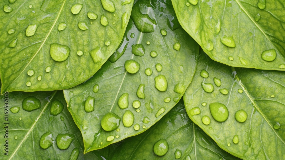 Fototapeta premium Green Leaves Covered in Dew Drops of Water
