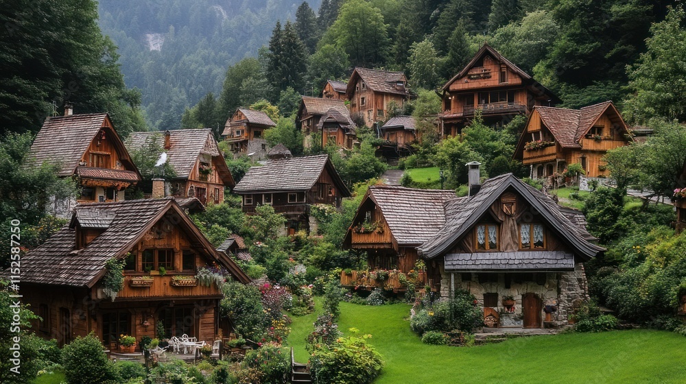 A quaint village with houses and structures made entirely of wood, old-world charm, A quaint village with houses and structures made entirely of wood, old-world charm,