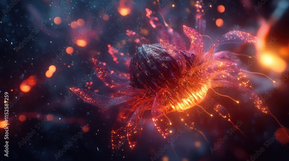 A vibrant, glowing jellyfish-like creature in a colorful underwater scene. A vibrant, glowing jellyfish-like creature in a colorful underwater scene.